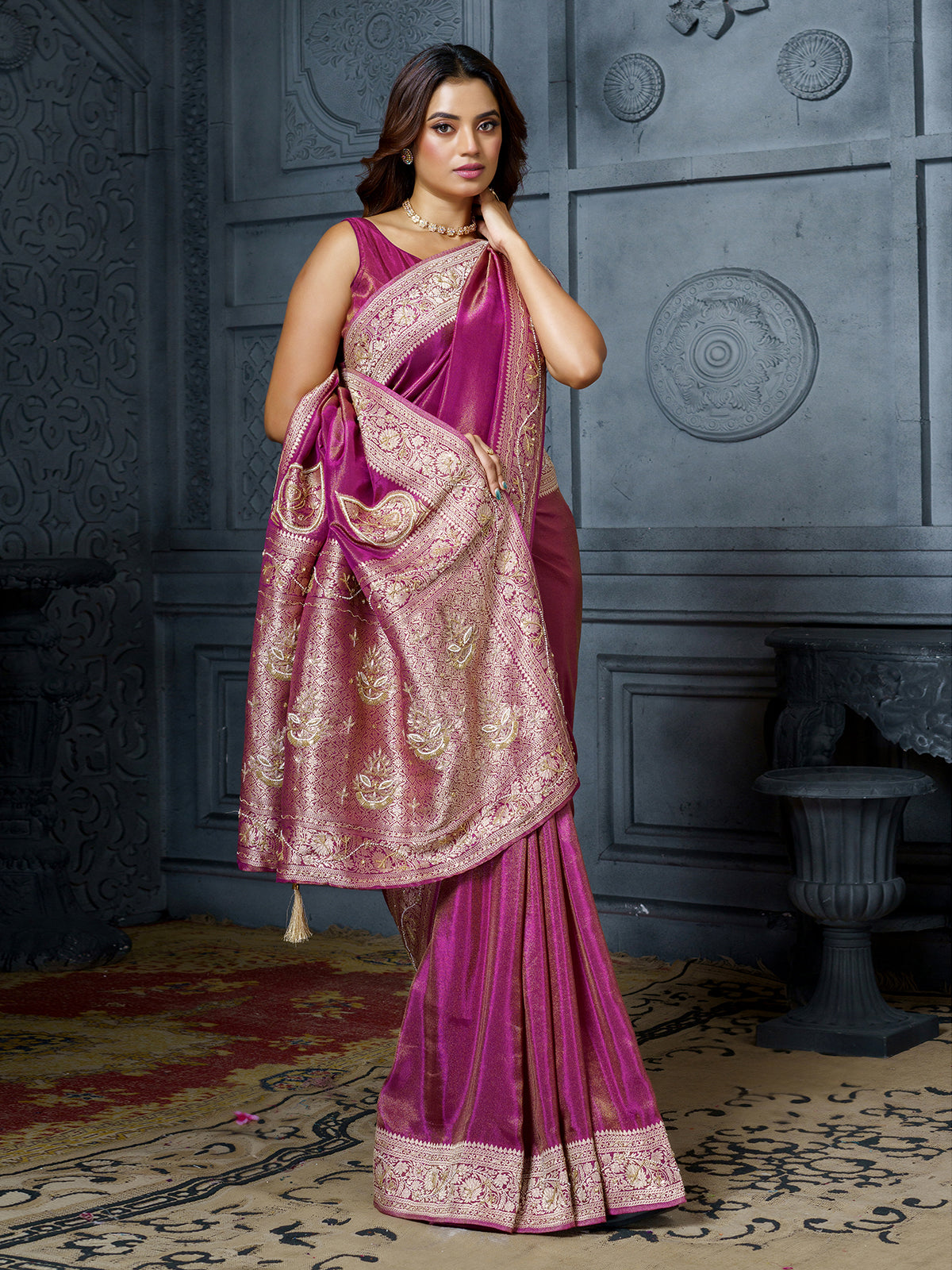 Premium magenta pink paisley tissue saree for women