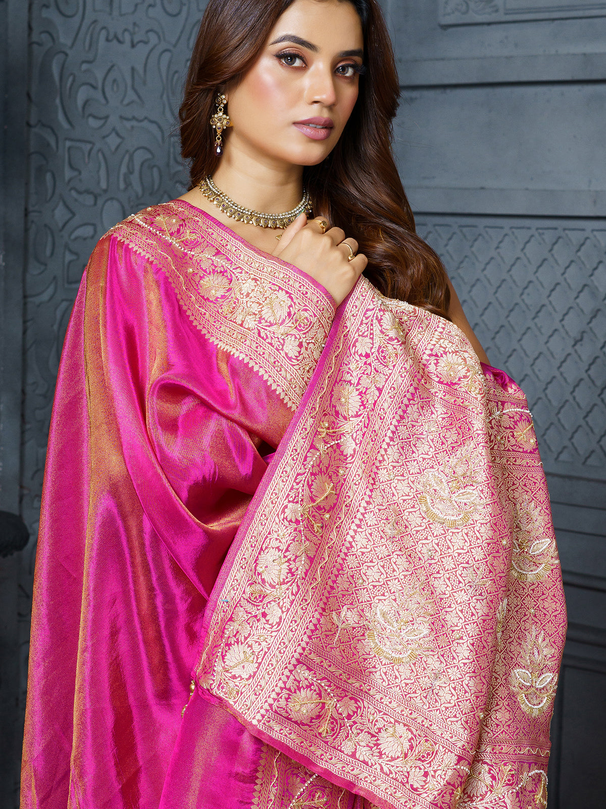 Elegant pink rosette brocade tissue saree for women