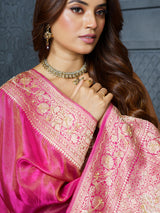Elegant pink rosette brocade tissue saree for women