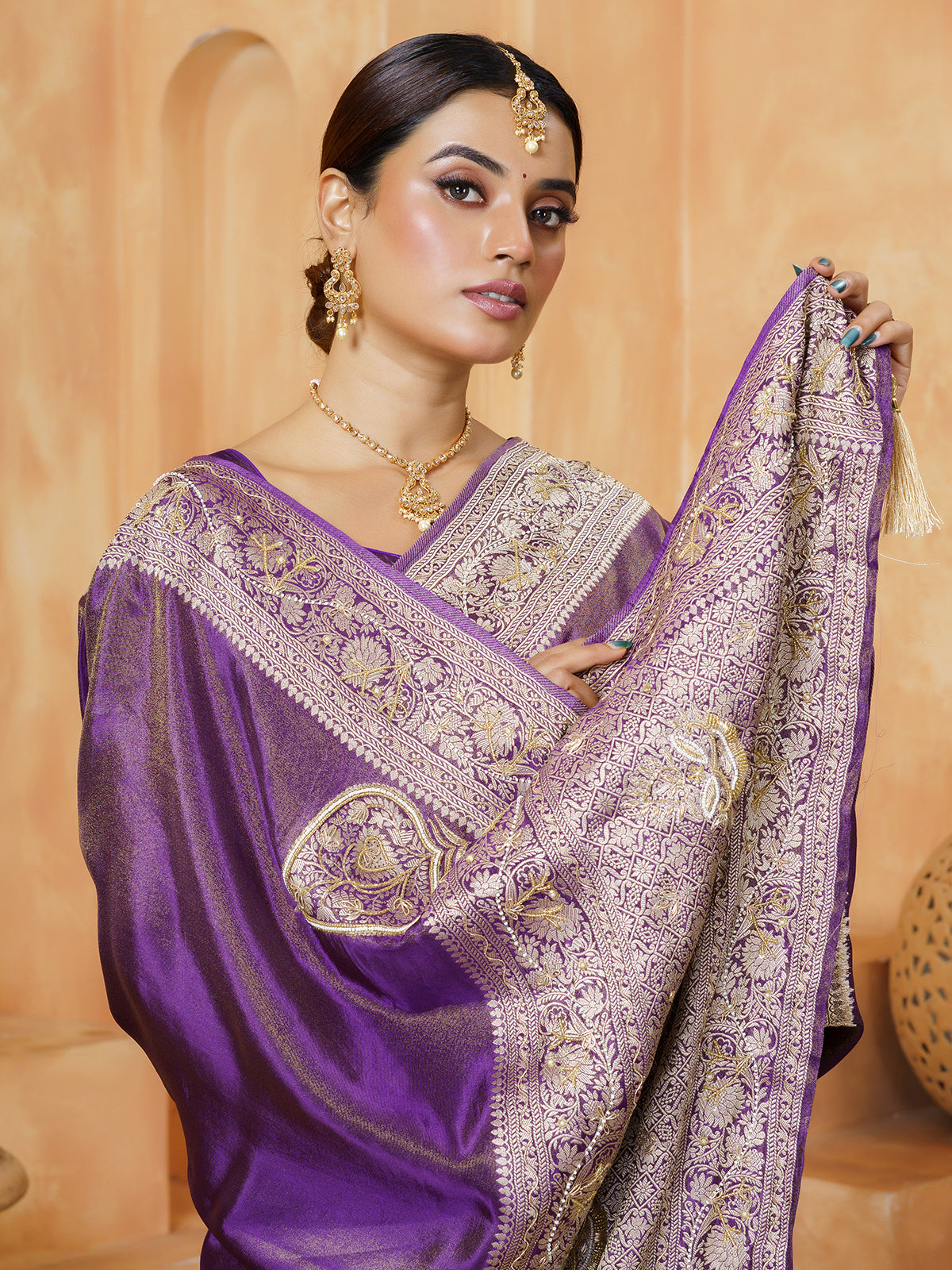 Royal purple ornate paisley tissue saree for women