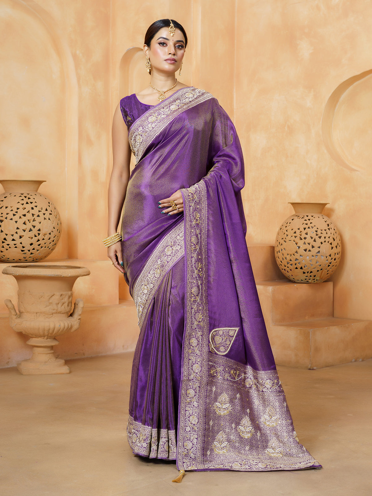 Royal purple ornate paisley tissue saree for women