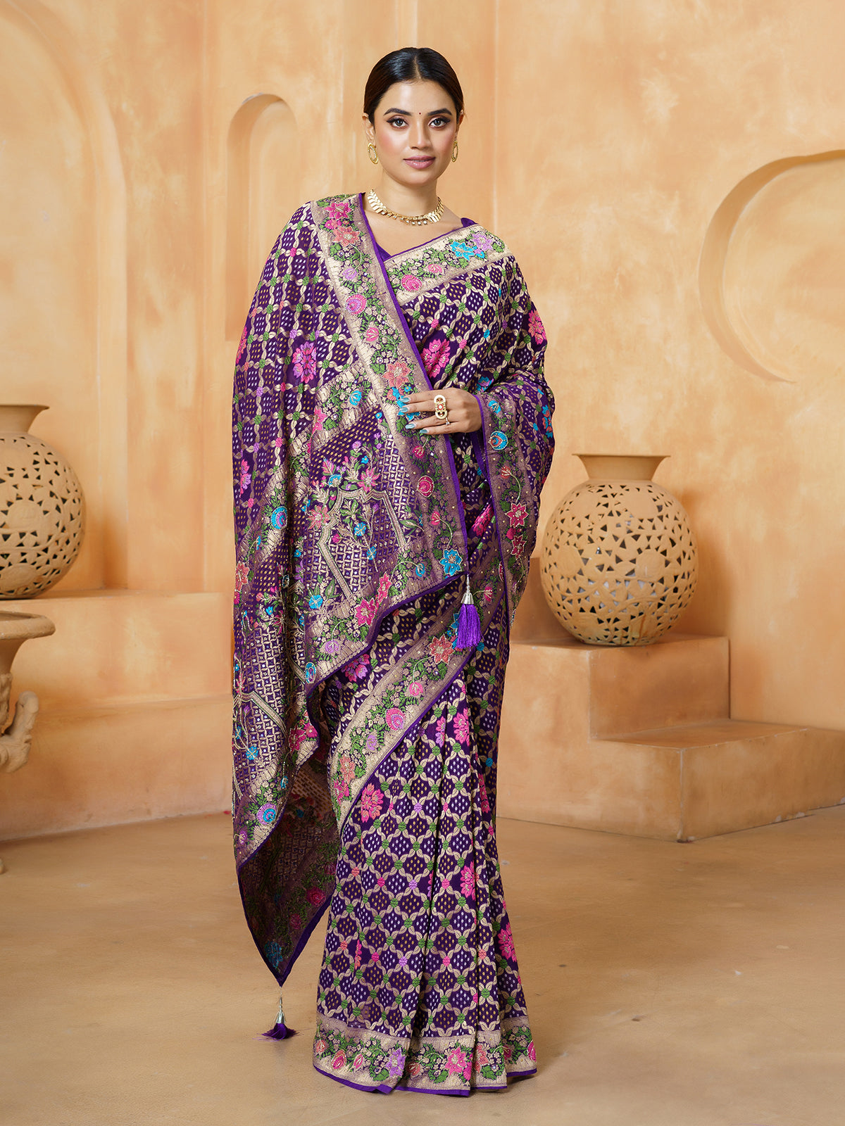 Purple mughal arch work premium bandhani saree for women