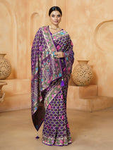 Purple mughal arch work premium bandhani saree for women