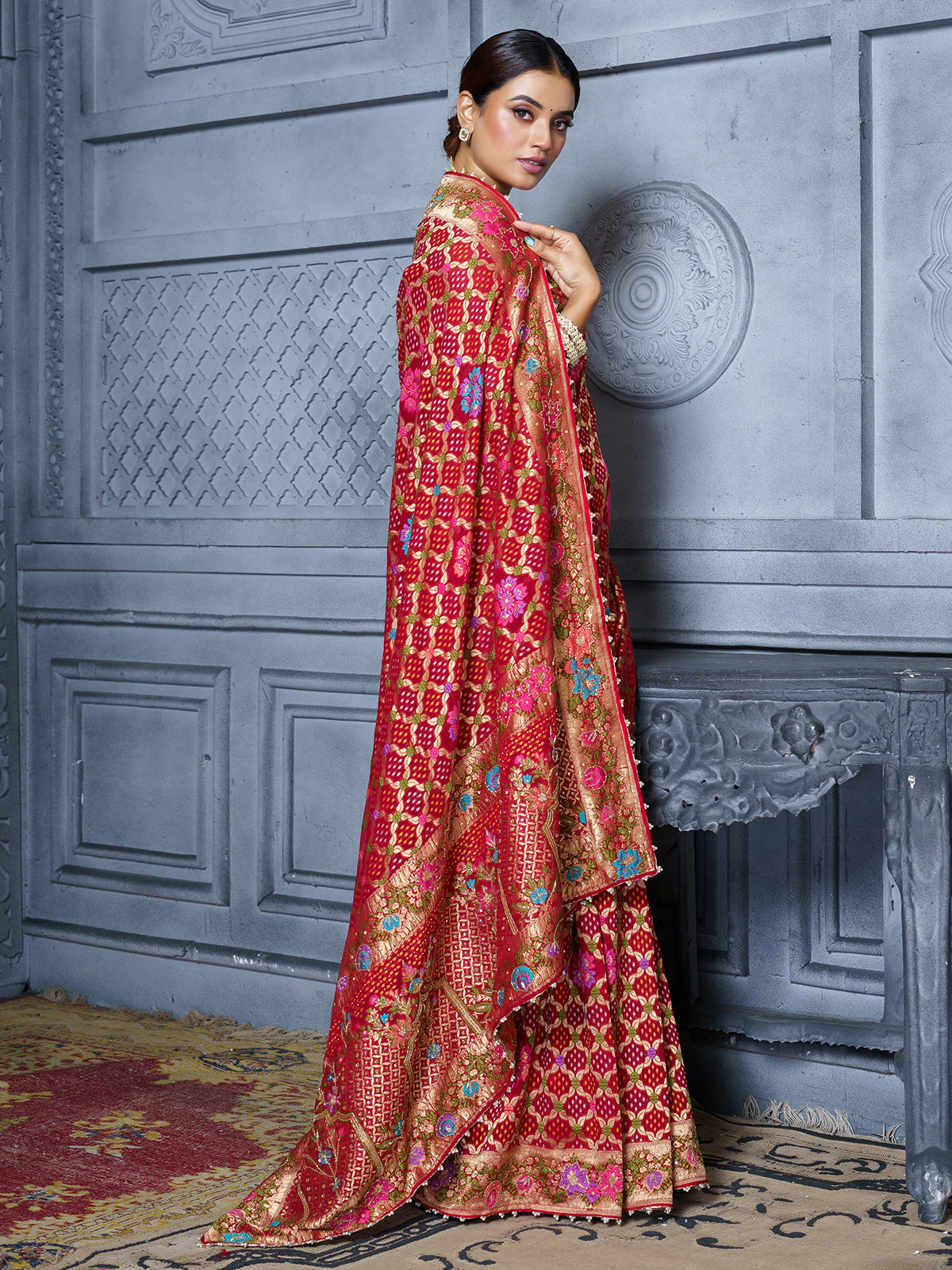 Red bridal mirror work gujarati bandhani saree for women