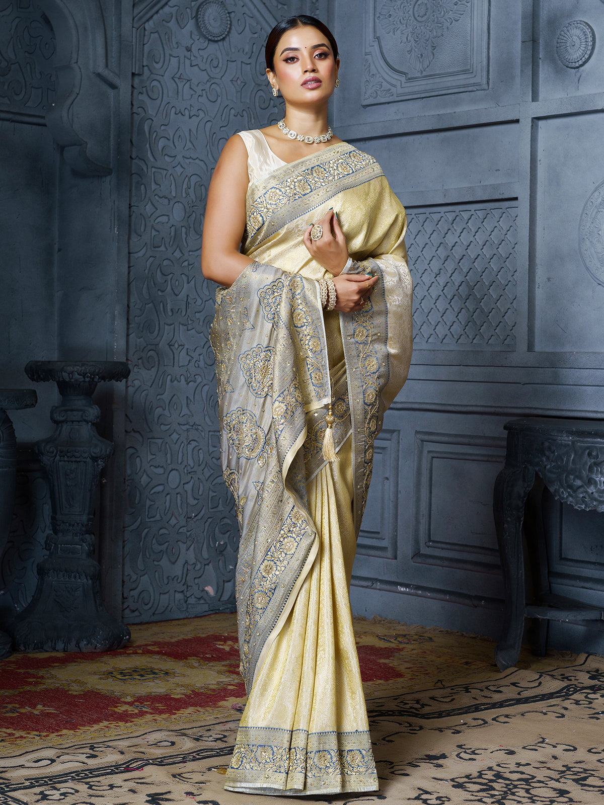 Ivory grey mughal paisley premium tissue saree for women