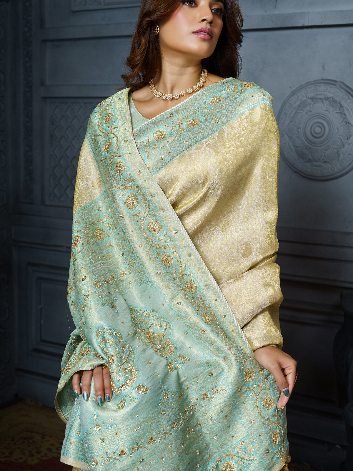 Ivory mint blue woven floral premium saree for women