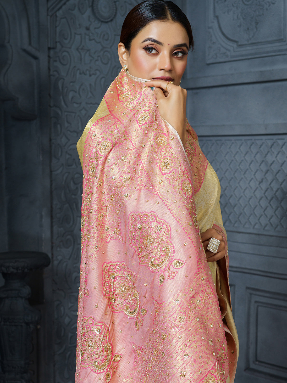 Ivory pink ornate floral premium tissue saree for women
