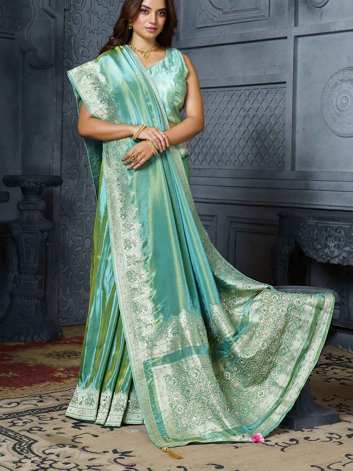 Pastel blue floral pallu tissue saree for women