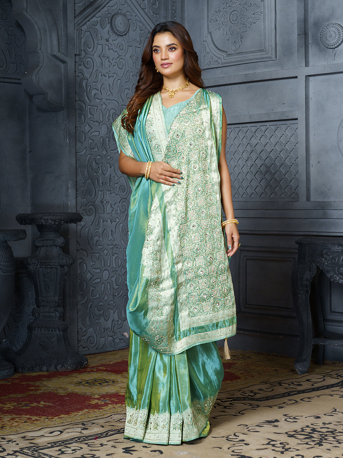 Pastel blue floral pallu tissue saree for women