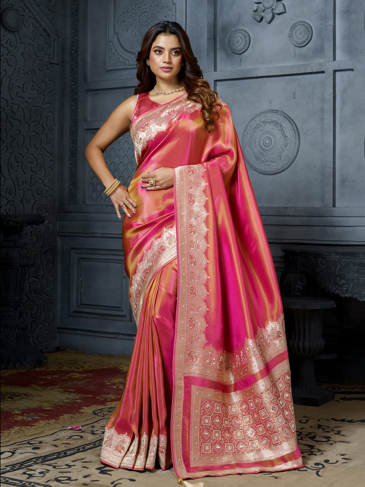 Pastel pink rosette pallu tissue saree for women