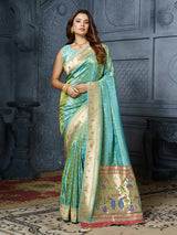 Pastel blue peacock tree motif tissue saree for women