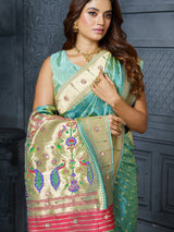 Pastel blue peacock tree motif tissue saree for women