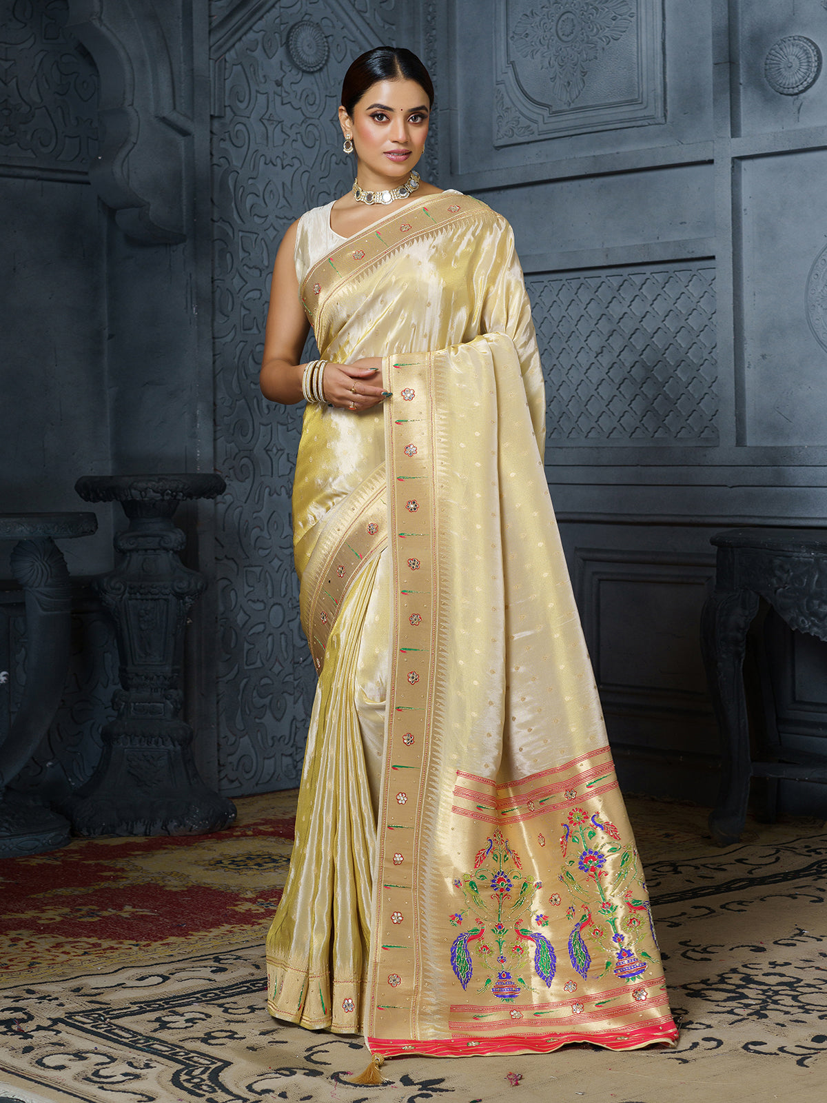 Pastel gold royal peacock embroidered tissue saree for women