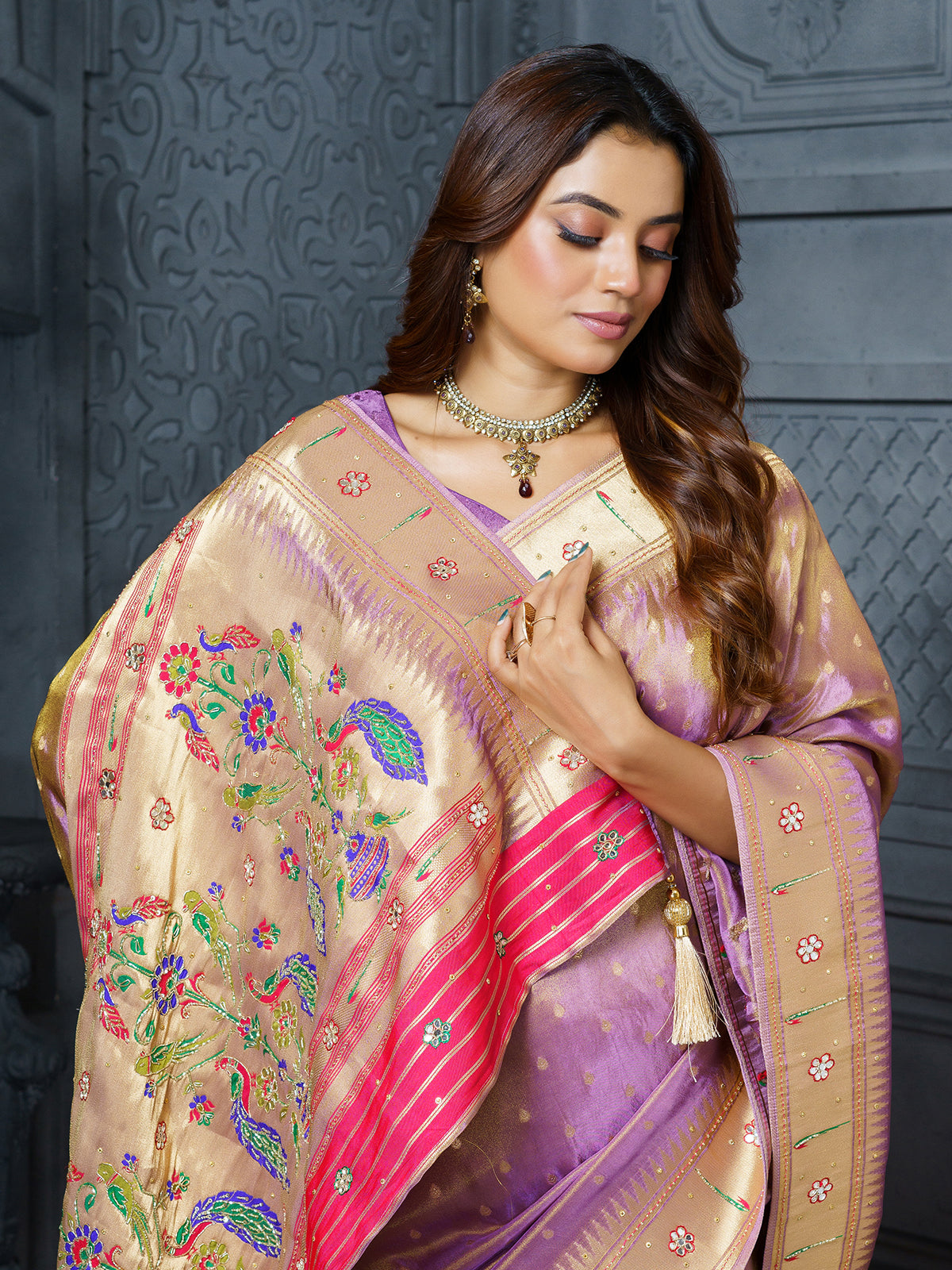 Pastel lavender floral bird work premium tissue saree for women