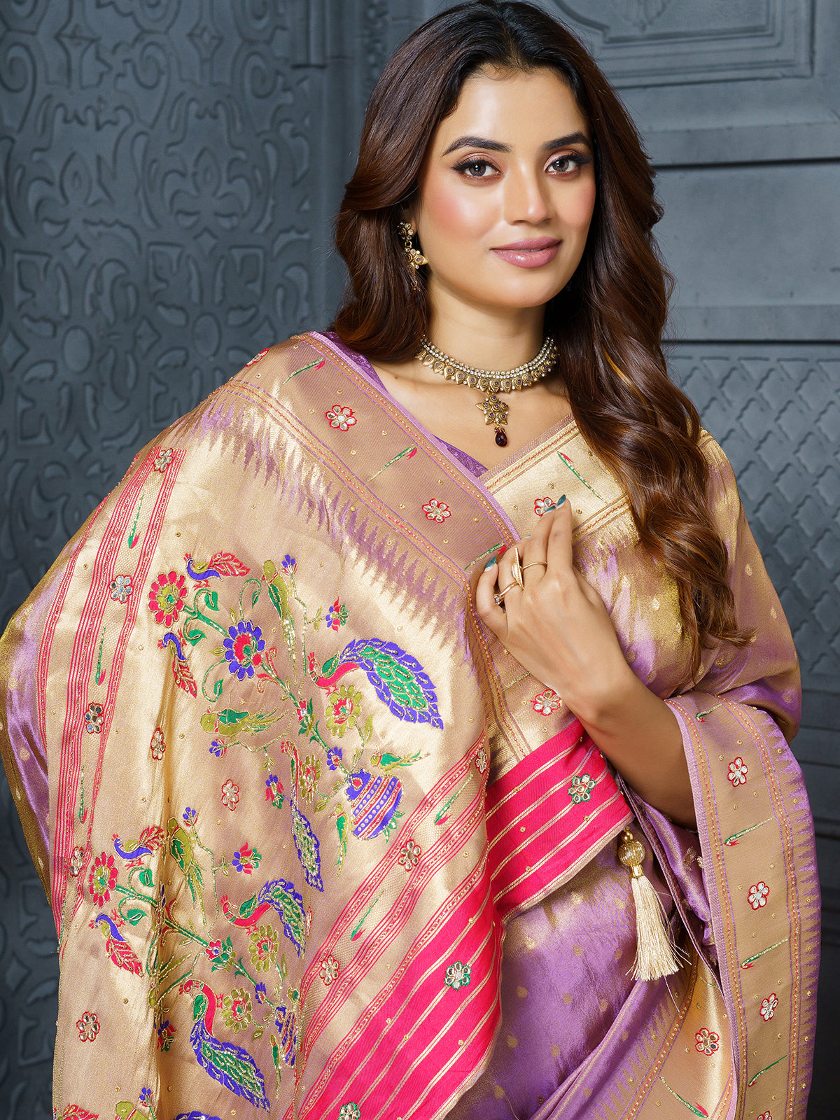 Pastel lavender floral bird work premium tissue saree for women