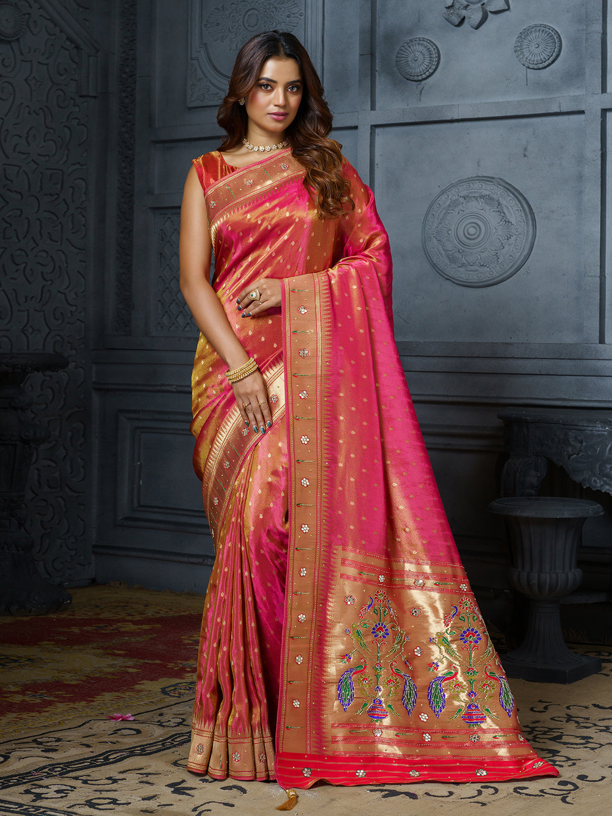 Pastel rani pink tree of life tissue saree for women