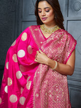 Pink embellished gold coin dola silk saree for women