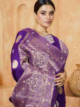 Purple statement medallion dola silk saree for women