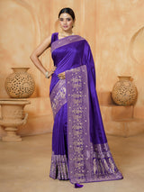 Blue royal procession embroidered dola silk saree for women