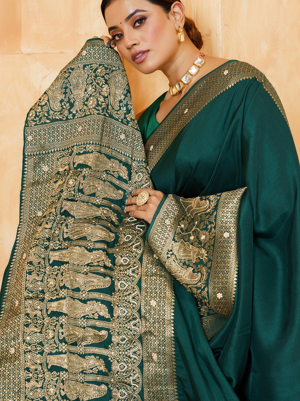 Bottle green mughal wedding dola silk saree for women