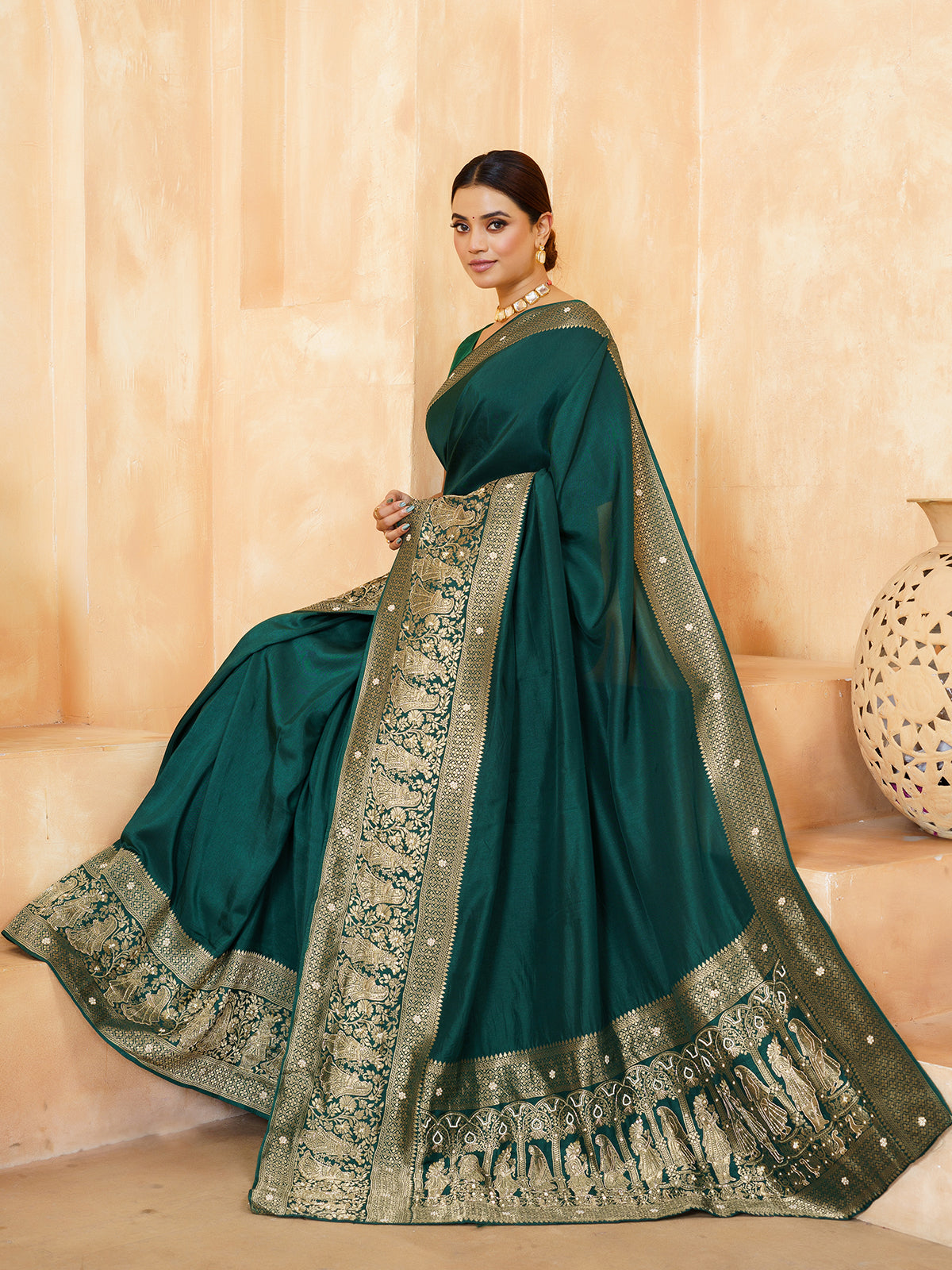 Bottle green mughal wedding dola silk saree for women