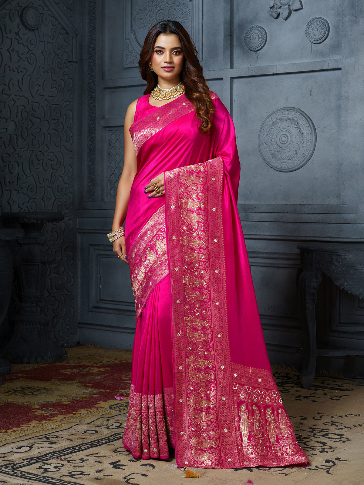 Pink royal court motif designer dola silk saree for women
