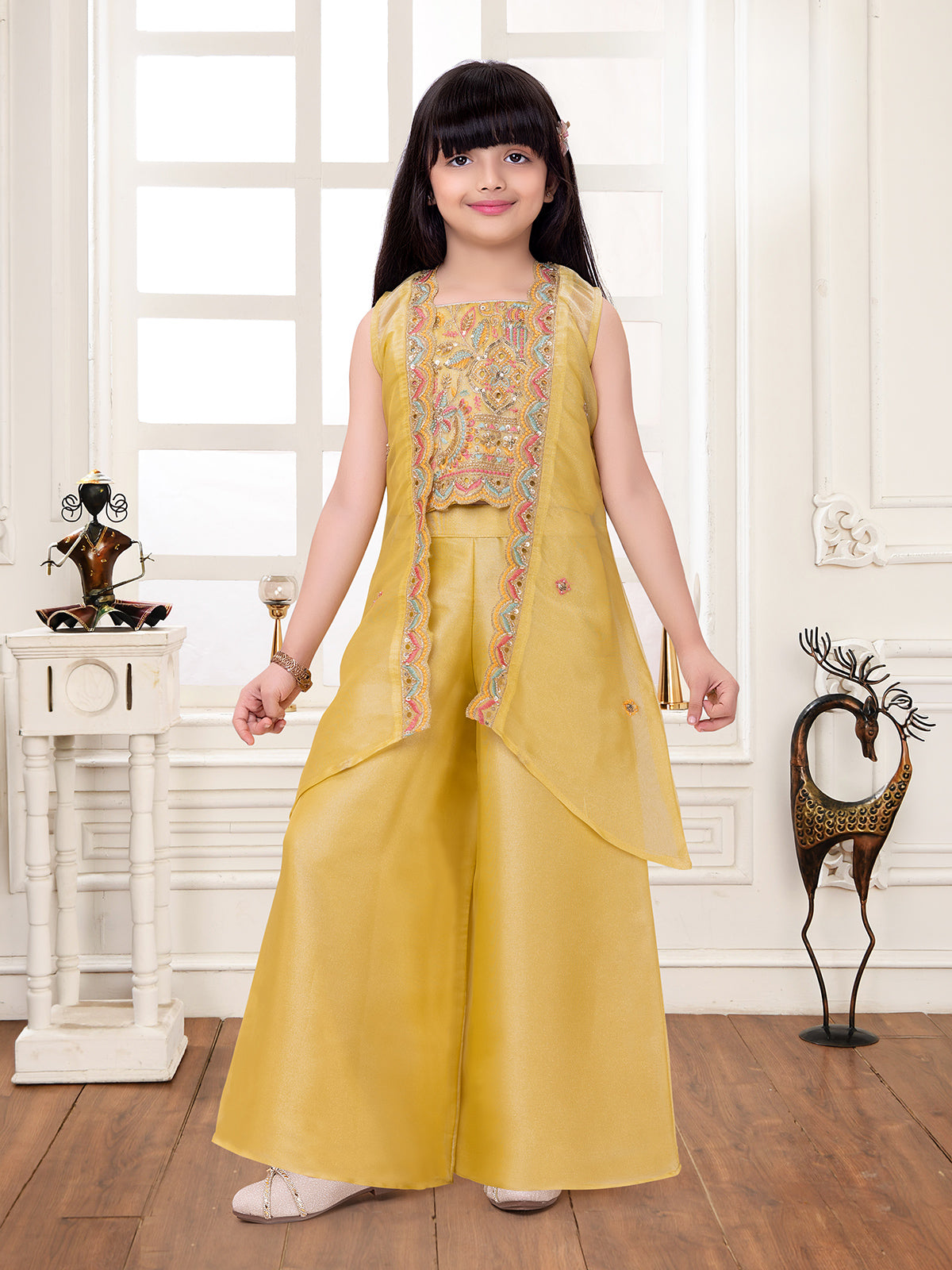 Yellow floral tapestry girl palazzo suit with jacket