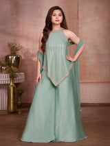 Pista green chevron girl palazzo suit with dupatta