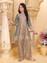 Beige heritage print girl salwar suit with dupatta