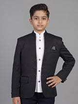 Black textured cotton blend boys coat suit with floral metal fasteners