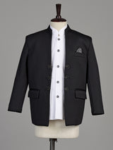 Black textured cotton blend boys coat suit with floral metal fasteners