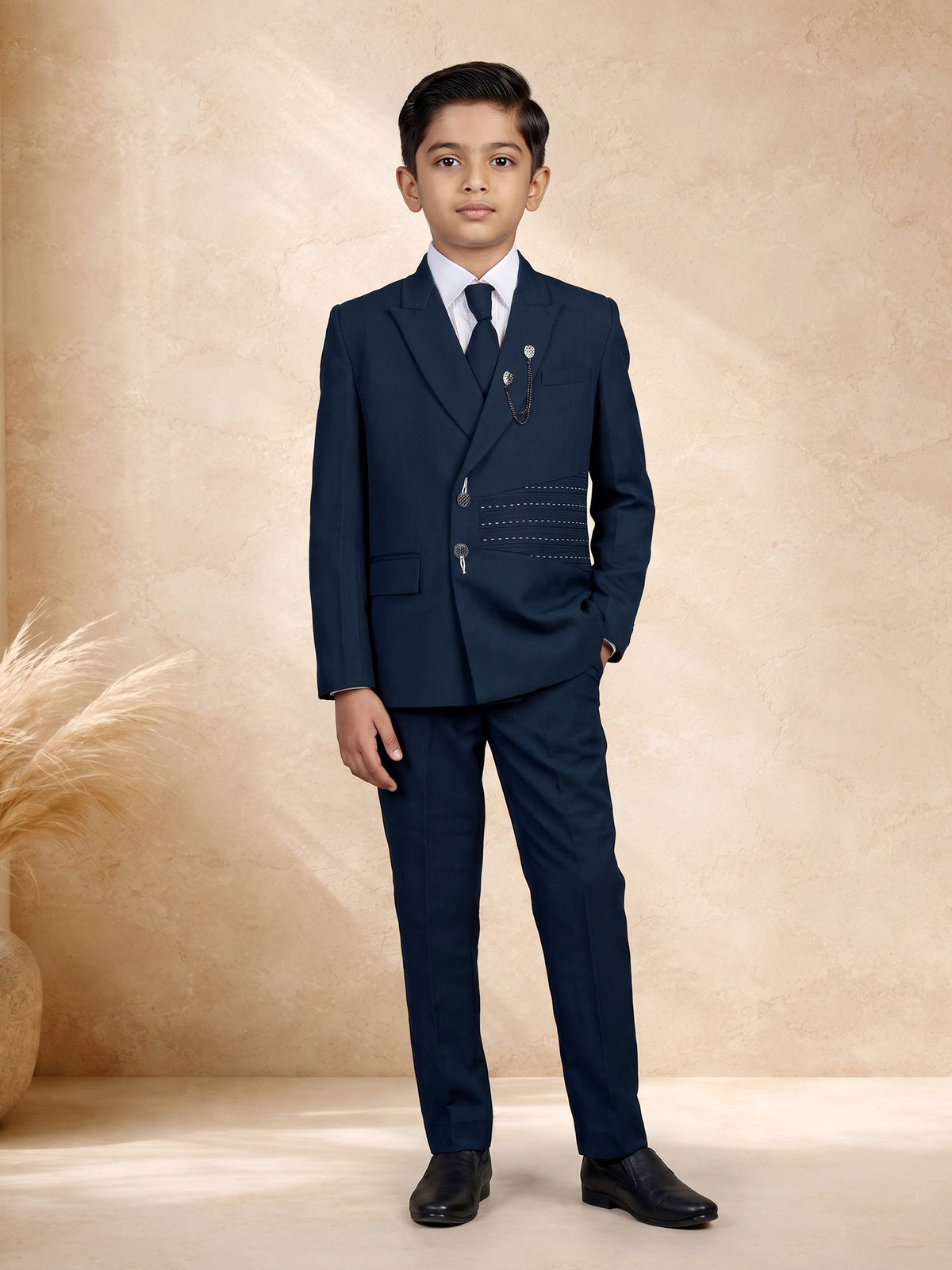 Rama blue terry rayon boys coat suit with asymmetric double-breasted jacket