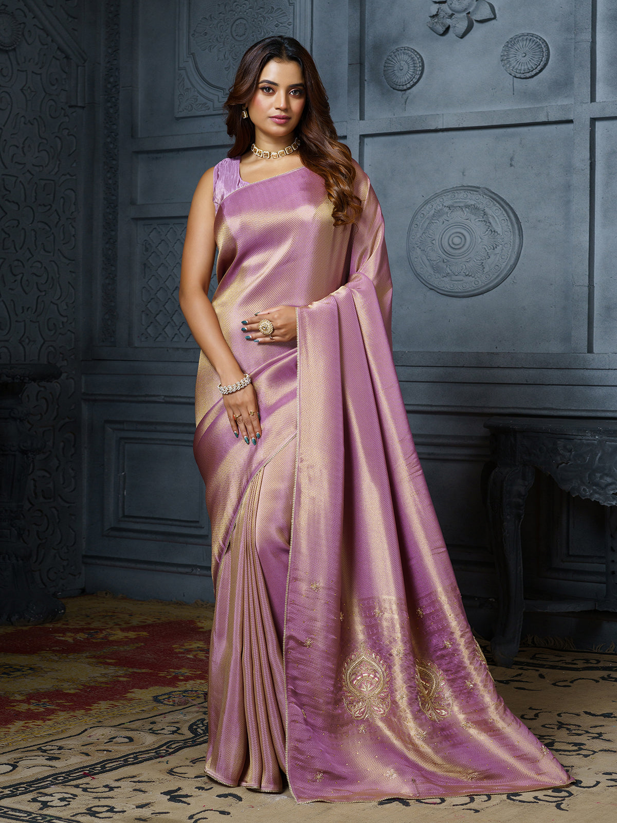 Pastel lavender ornamental medallion tissue saree for women