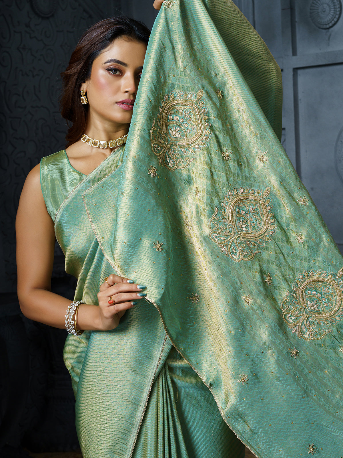 Pastel mint blue floral teardrop tissue saree for women