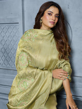 Pastel olive green embellished tissue silk saree for women