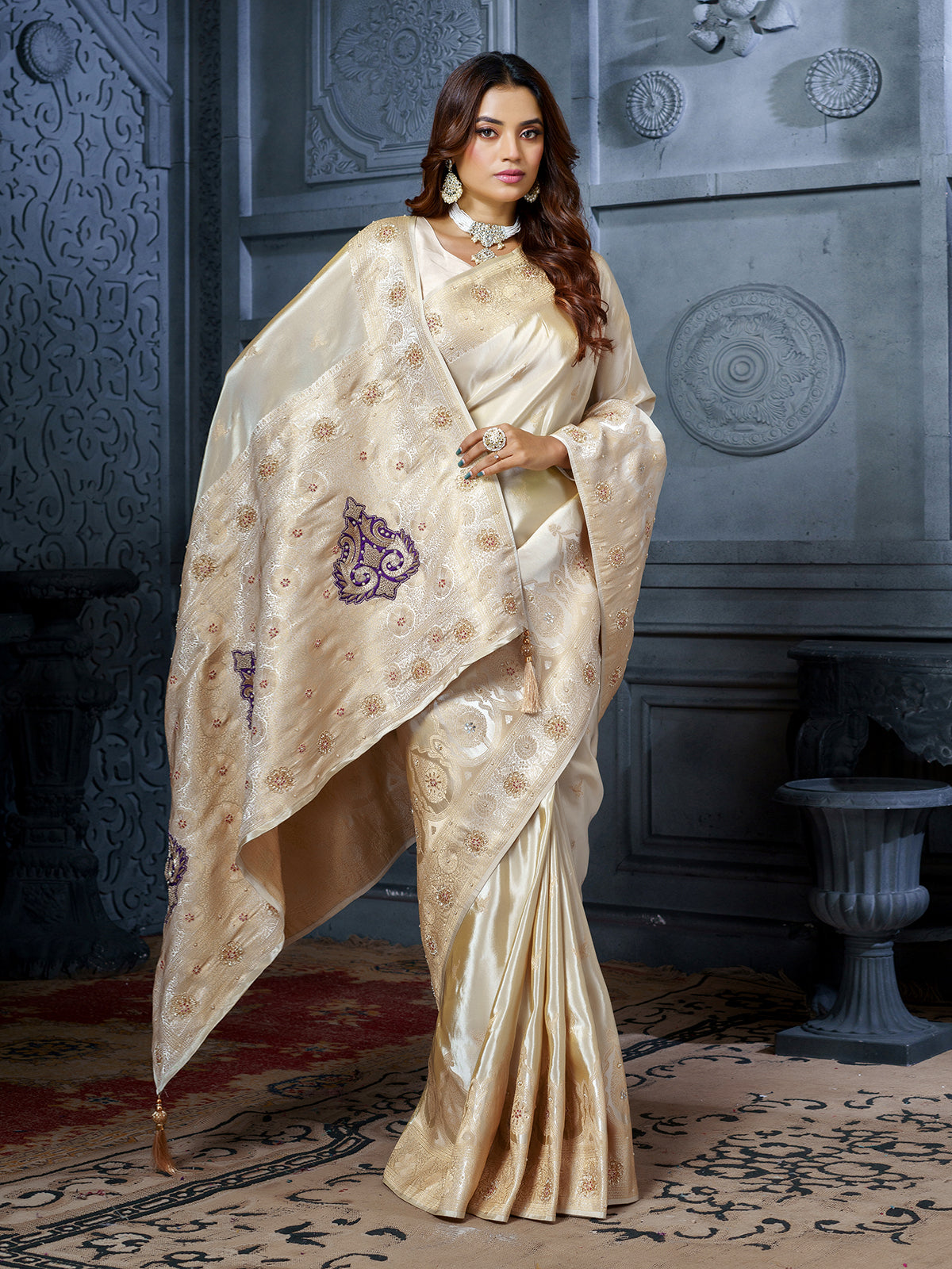 Luxury cream purple heritage tissue silk saree for women