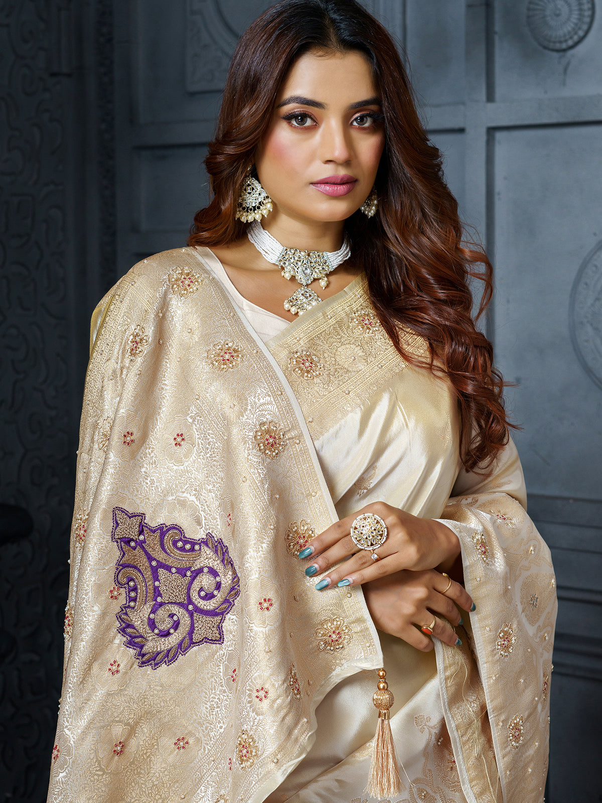 Luxury cream purple heritage tissue silk saree for women