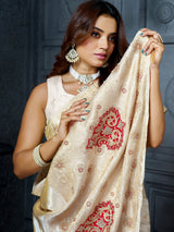 Exclusive cream red mughal paisley tissue saree for women