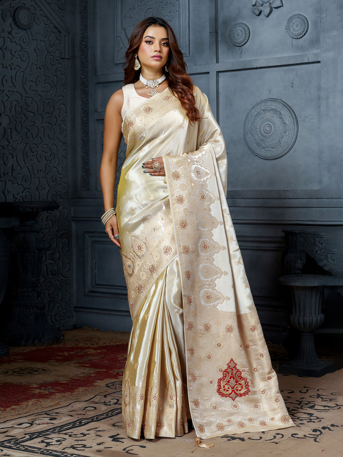 Exclusive cream red mughal paisley tissue saree for women