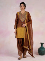 Coffee brown silk salwar suit with shaded dupatta detailing