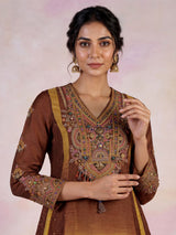Coffee brown silk salwar suit with shaded dupatta detailing