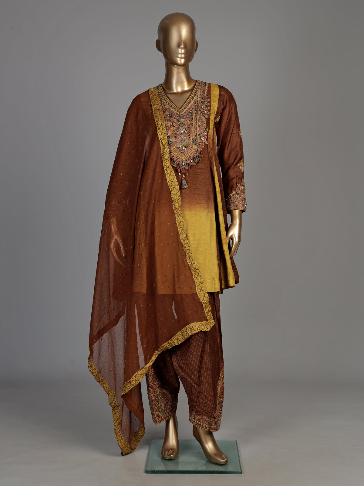 Coffee brown silk salwar suit with shaded dupatta detailing