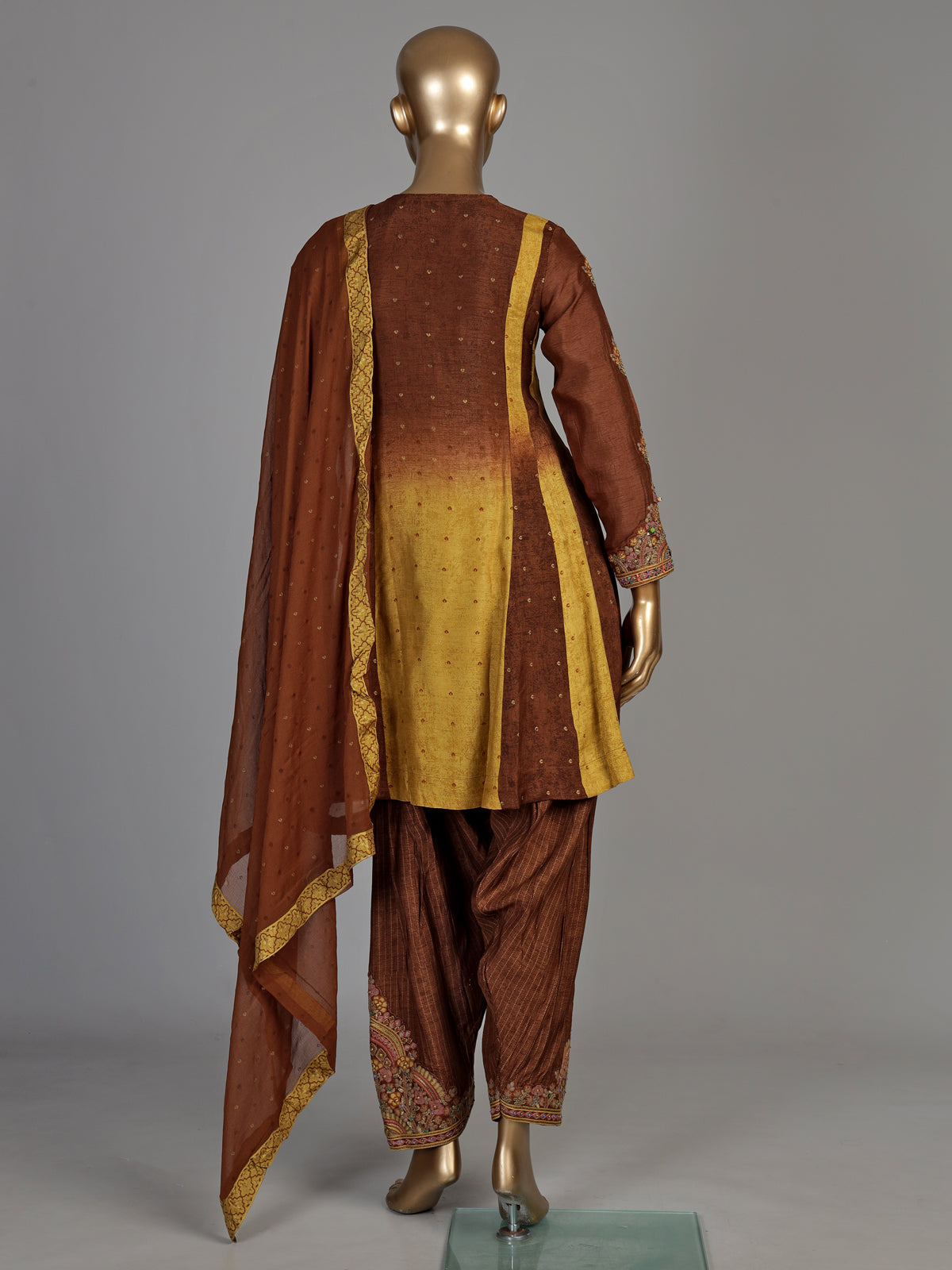 Coffee brown silk salwar suit with shaded dupatta detailing