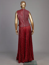 Maroon silk palazzo suit with mirror work and zari accents