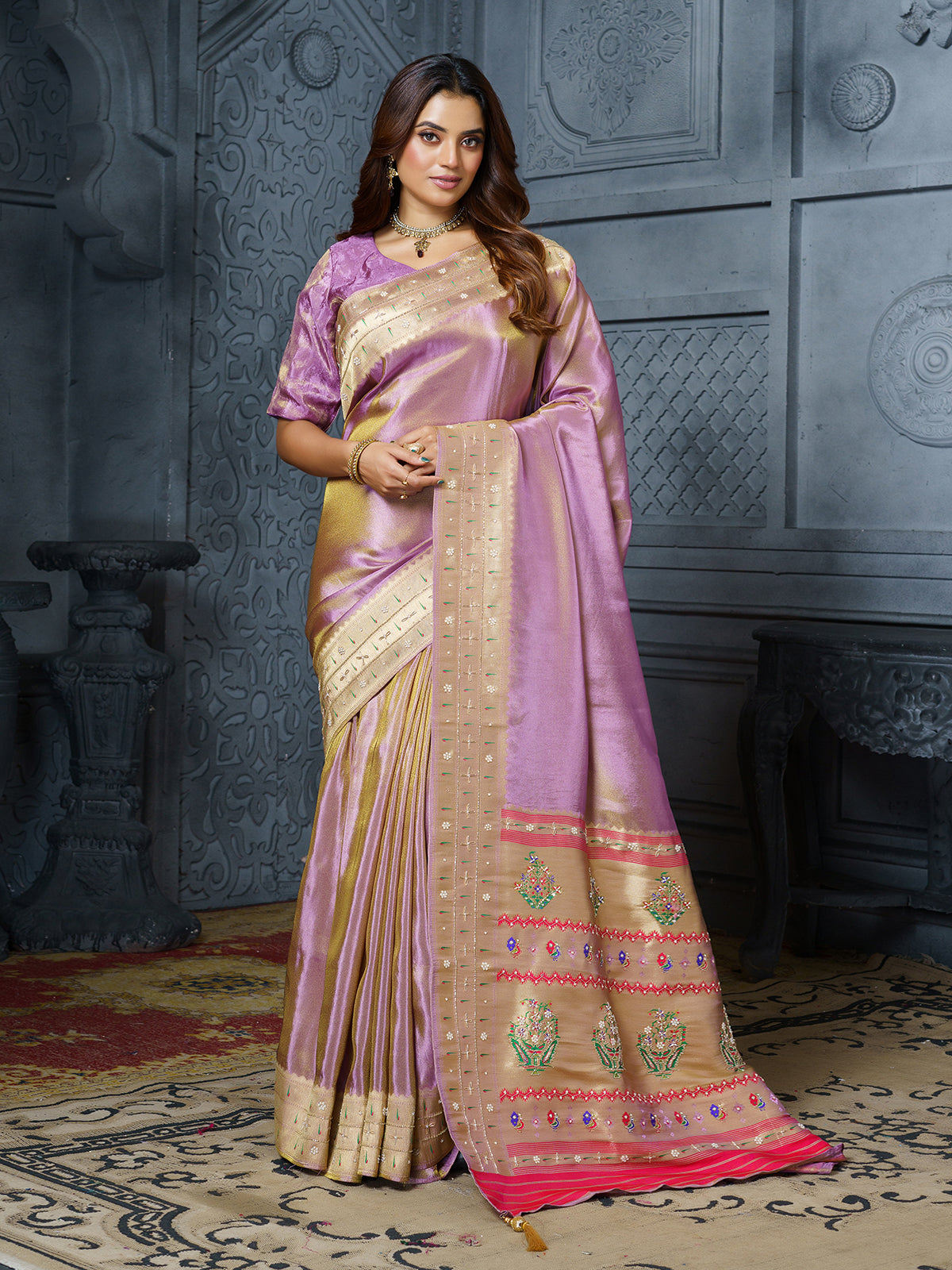 Lavender floral vase embroidered tissue saree for women