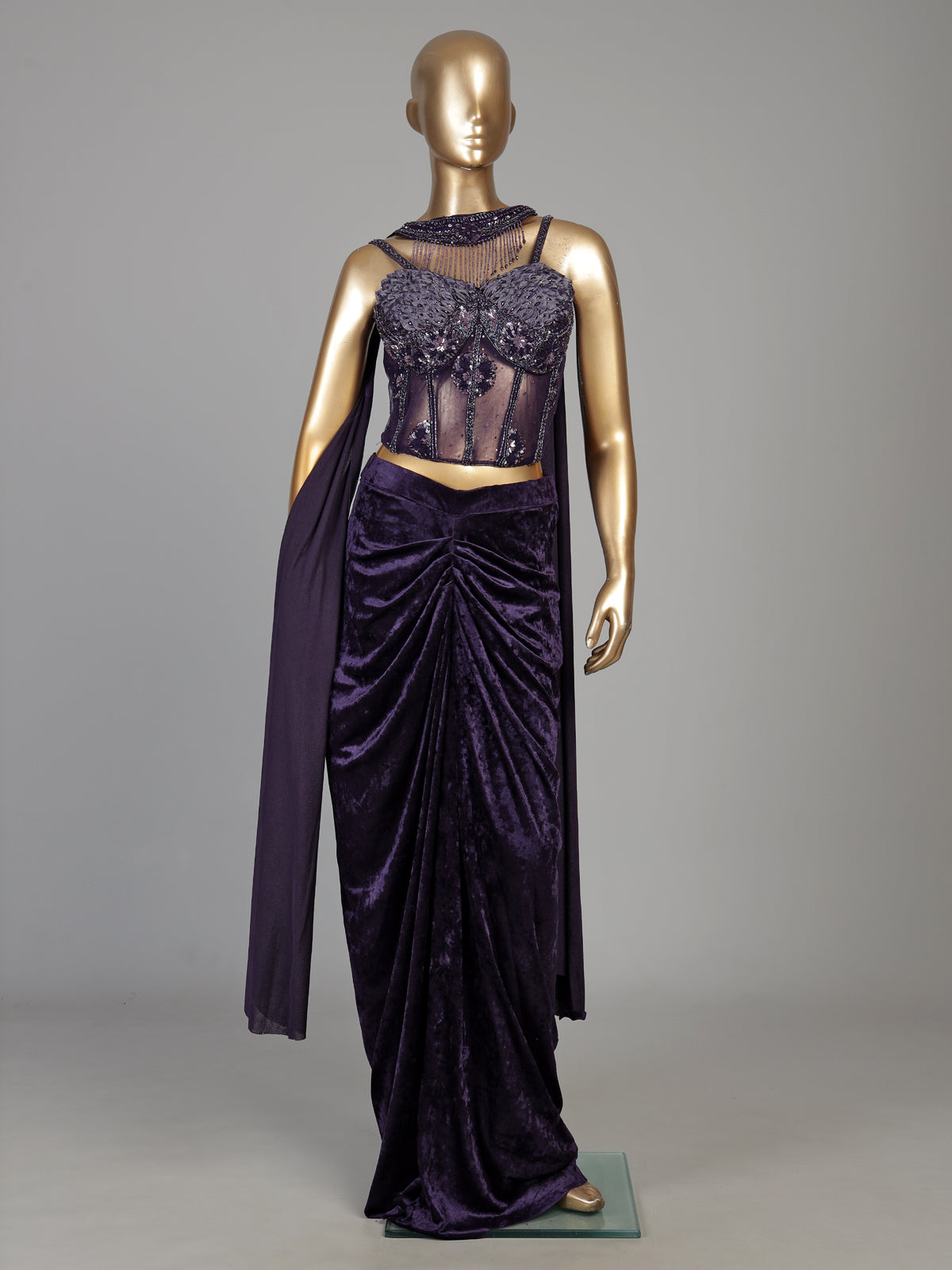 Purple net and velvet Indo western suit with embellished dupatta