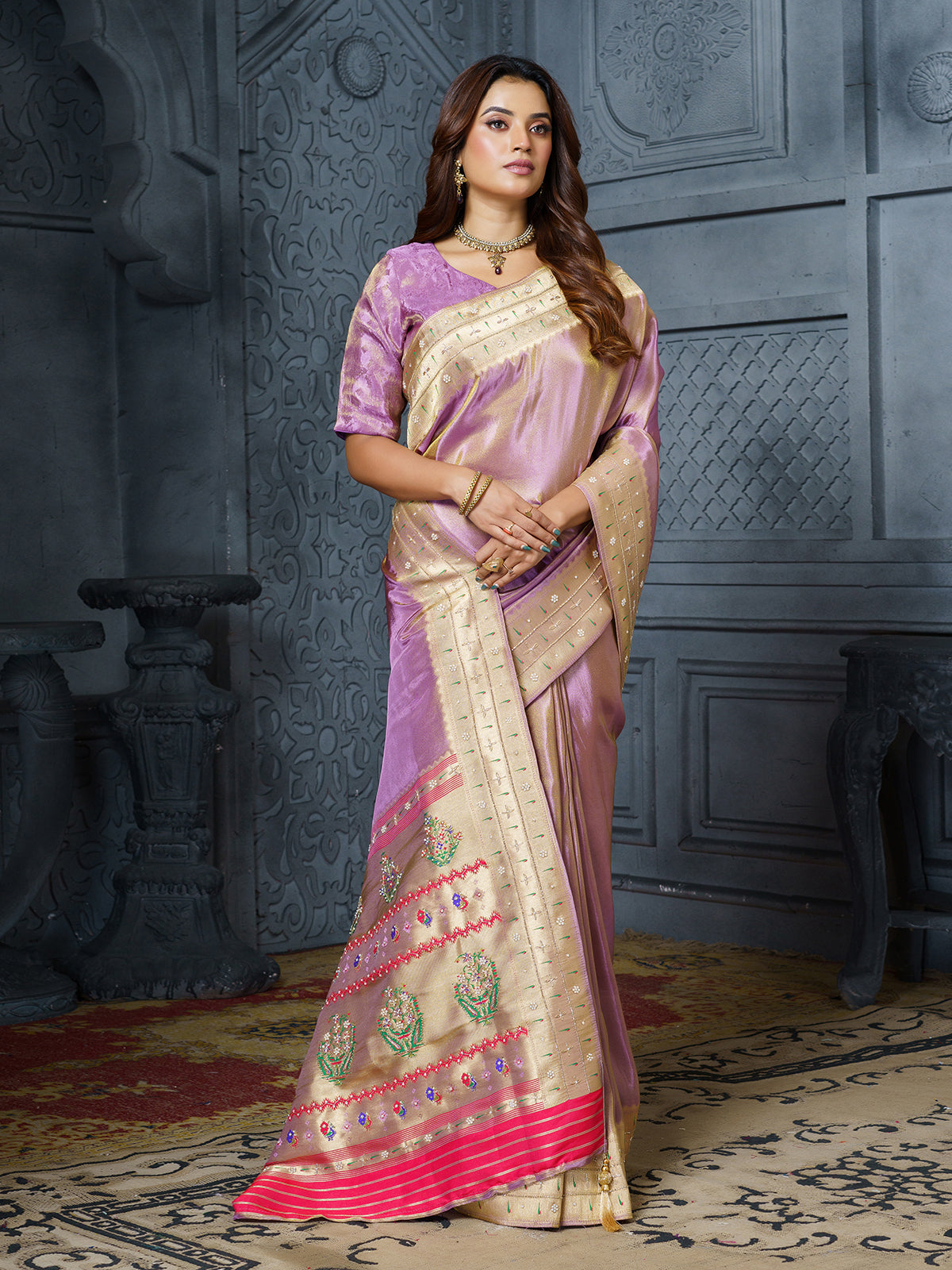 Lavender floral vase embroidered tissue saree for women