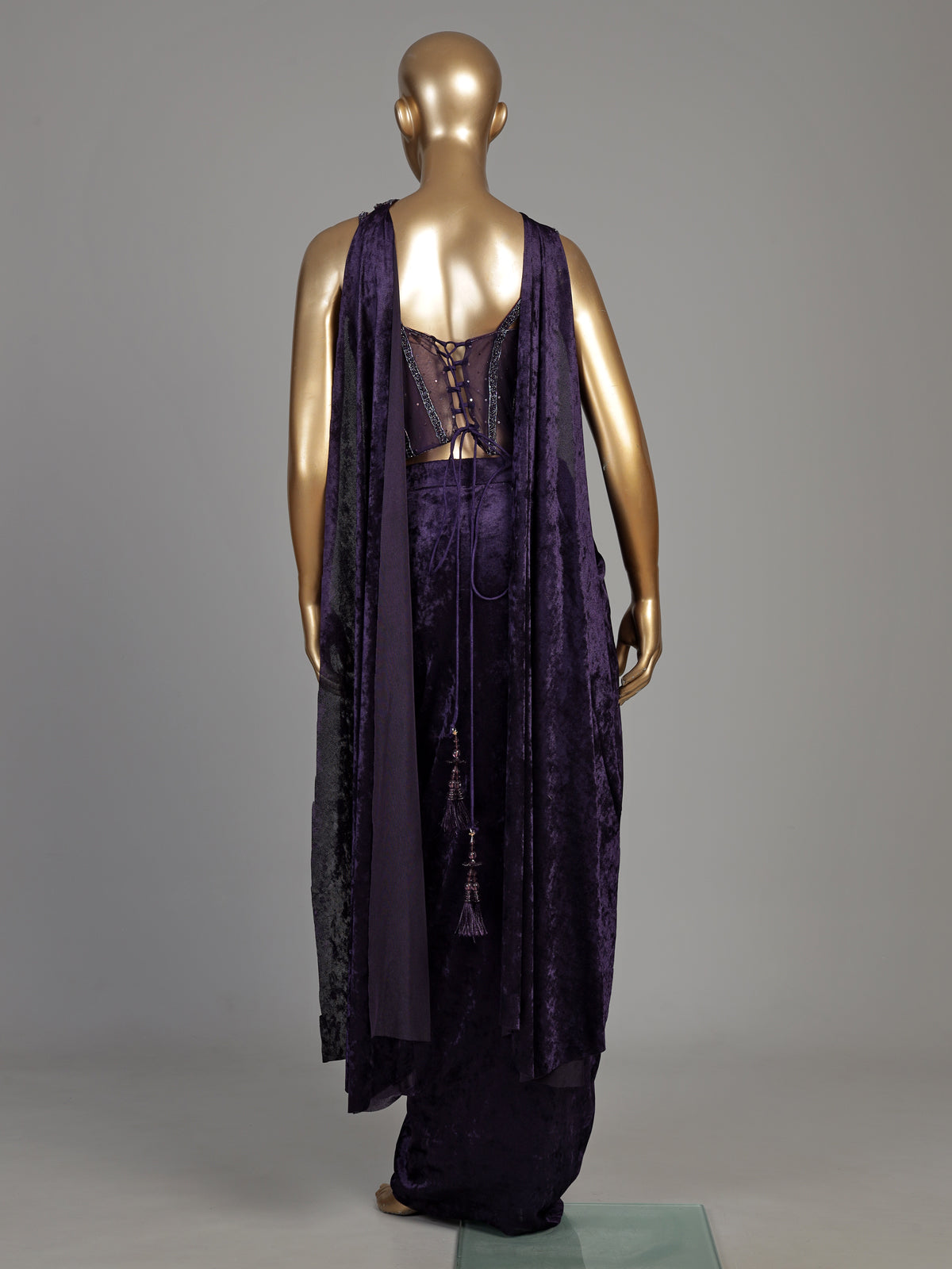 Purple net and velvet Indo western suit with embellished dupatta