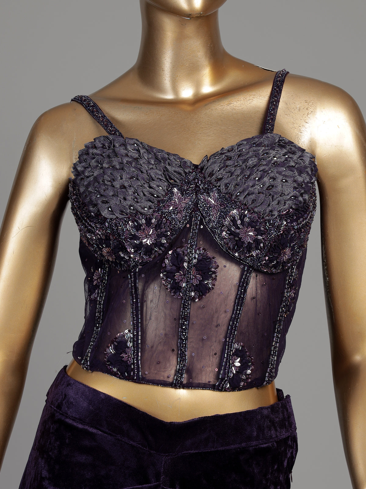 Purple net and velvet Indo western suit with embellished dupatta
