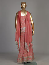 Peach silk palazzo suit with ornate embroidery and dupatta